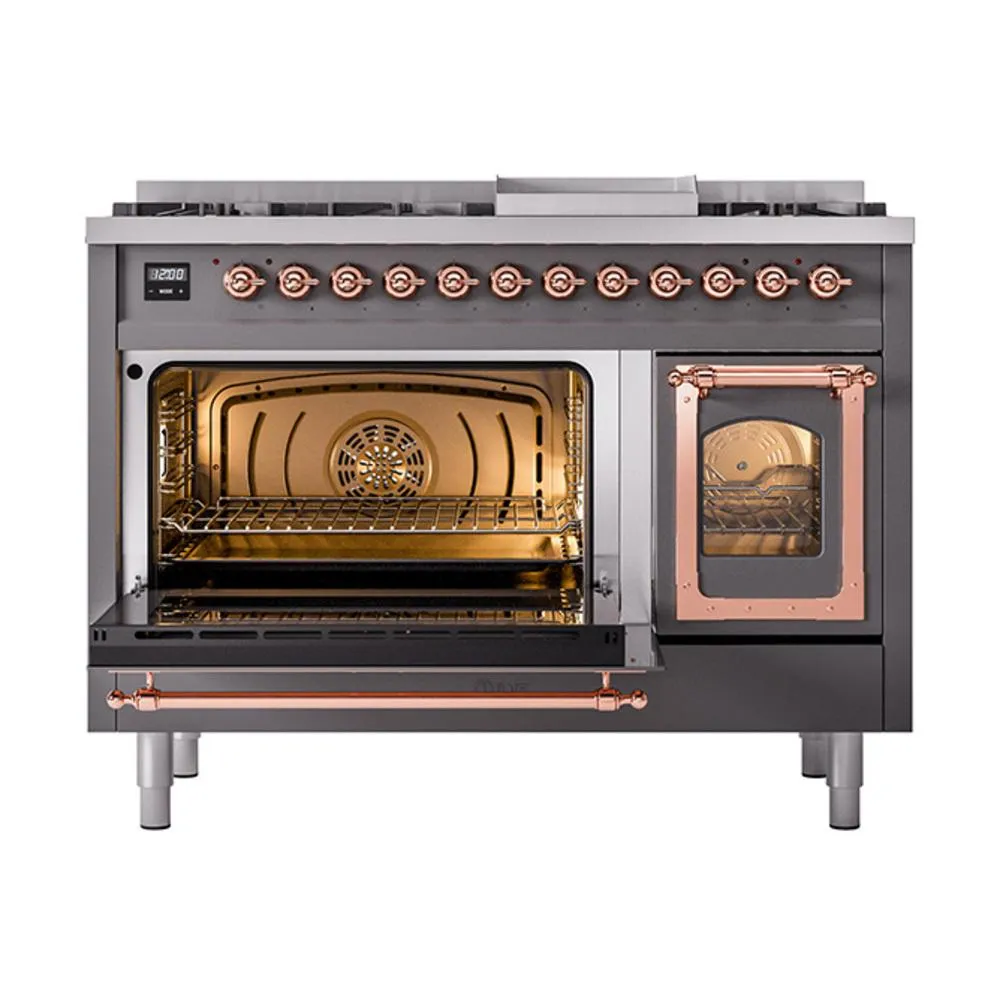 Ilve UN48FNMPMGP Ilve Un48Fnmpmgp Nostalgie Ii Noblesse 48" Dual Fuel Range (8 Sealed Burners   Griddle, Natural Gas, Triple Glass Door, Graphite Matte, Copper)