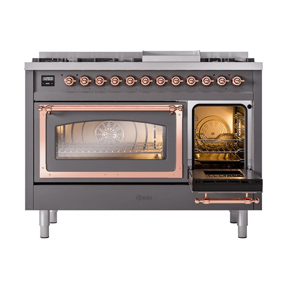 Ilve UN48FNMPMGP Ilve Un48Fnmpmgp Nostalgie Ii Noblesse 48" Dual Fuel Range (8 Sealed Burners   Griddle, Natural Gas, Triple Glass Door, Graphite Matte, Copper)