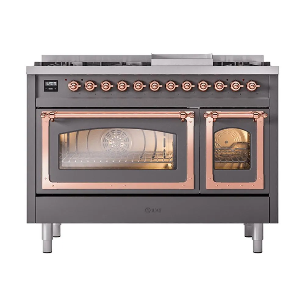 Ilve UN48FNMPMGP Ilve Un48Fnmpmgp Nostalgie Ii Noblesse 48" Dual Fuel Range (8 Sealed Burners   Griddle, Natural Gas, Triple Glass Door, Graphite Matte, Copper)
