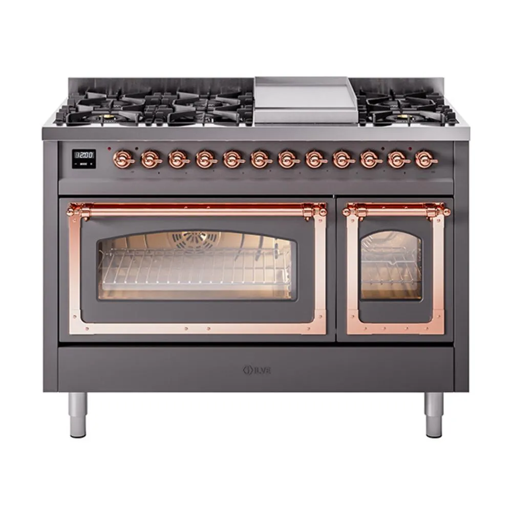 Ilve UN48FNMPMGP Ilve Un48Fnmpmgp Nostalgie Ii Noblesse 48" Dual Fuel Range (8 Sealed Burners   Griddle, Natural Gas, Triple Glass Door, Graphite Matte, Copper)