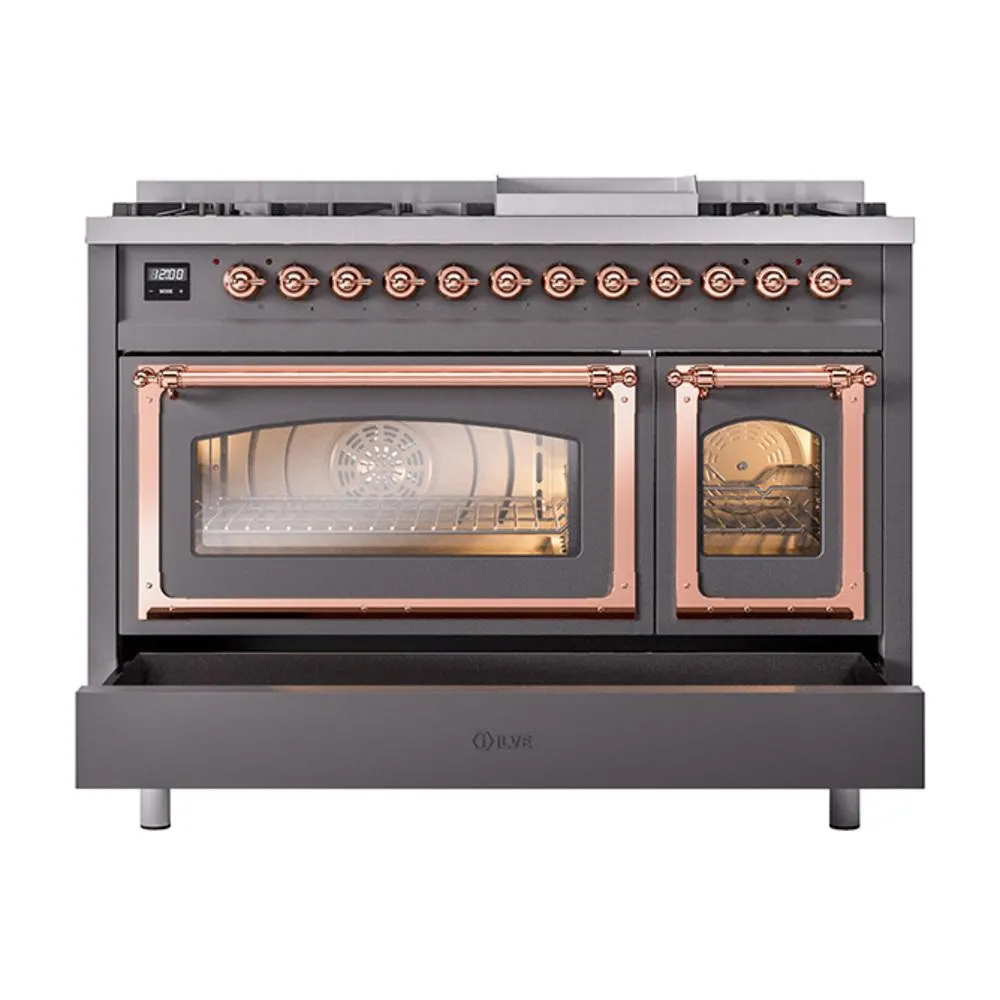 Ilve UN48FNMPMGP Ilve Un48Fnmpmgp Nostalgie Ii Noblesse 48" Dual Fuel Range (8 Sealed Burners   Griddle, Natural Gas, Triple Glass Door, Graphite Matte, Copper)