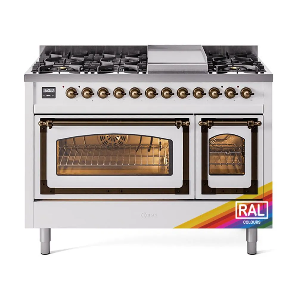 Ilve UN48FNMPRAB Ilve Un48Fnmprab Nostalgie Ii Noblesse 48" Dual Fuel Range (8 Sealed Burners   Griddle, Natural Gas, Triple Glass Door, Ral, Burnished)