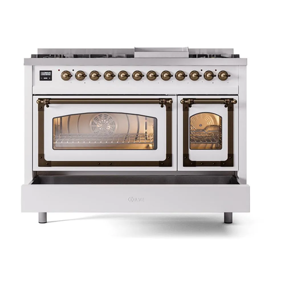 Ilve UN48FNMPRAB Ilve Un48Fnmprab Nostalgie Ii Noblesse 48" Dual Fuel Range (8 Sealed Burners   Griddle, Natural Gas, Triple Glass Door, Ral, Burnished)