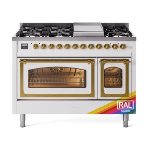 Ilve UN48FNMPRAGLP Ilve Un48Fnmpraglp Nostalgie Ii Noblesse 48" Dual Fuel Range (8 Sealed Burners   Griddle, Liquid Propane, Triple Glass Door, Ral, Brass)