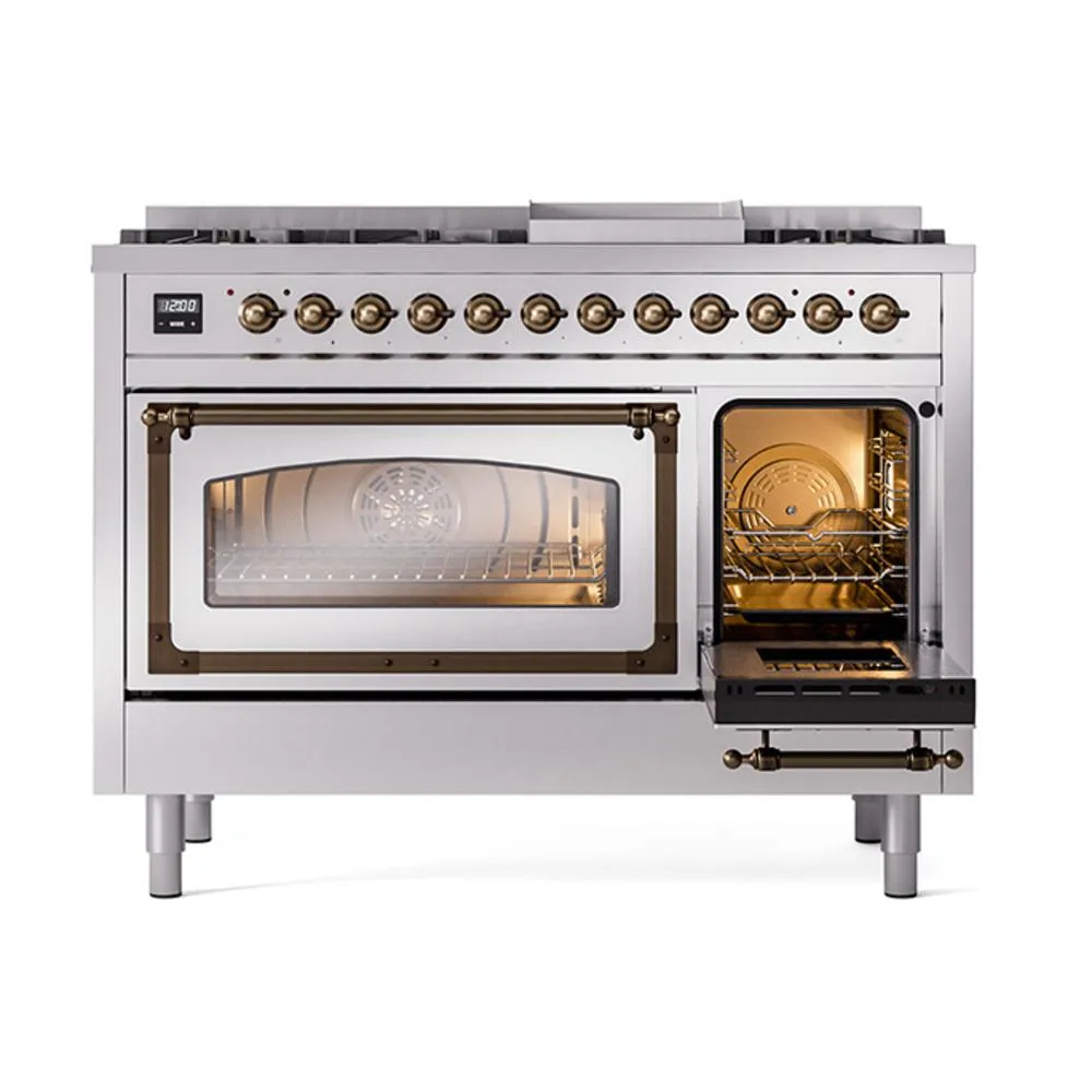 Ilve UN48FNMPSSB Ilve Un48Fnmpssb Nostalgie Ii Noblesse 48" Dual Fuel Range (8 Sealed Burners   Griddle, Natural Gas, Triple Glass Door, Stainless Steel, Burnished)
