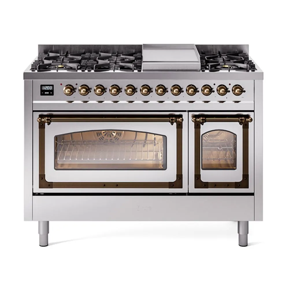 Ilve UN48FNMPSSB Ilve Un48Fnmpssb Nostalgie Ii Noblesse 48" Dual Fuel Range (8 Sealed Burners   Griddle, Natural Gas, Triple Glass Door, Stainless Steel, Burnished)