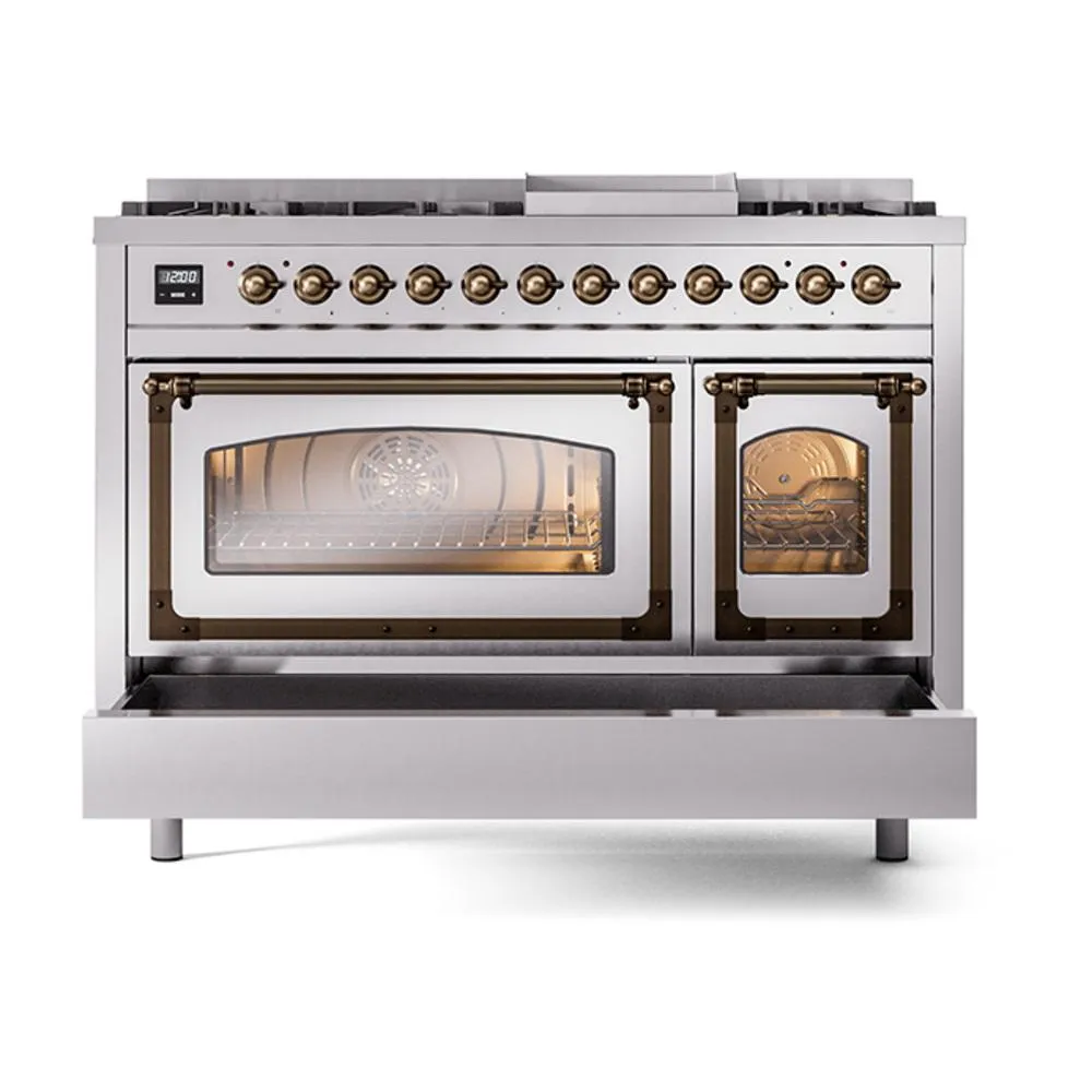 Ilve UN48FNMPSSB Ilve Un48Fnmpssb Nostalgie Ii Noblesse 48" Dual Fuel Range (8 Sealed Burners   Griddle, Natural Gas, Triple Glass Door, Stainless Steel, Burnished)