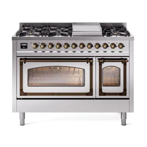 Ilve UN48FNMPSSB Ilve Un48Fnmpssb Nostalgie Ii Noblesse 48" Dual Fuel Range (8 Sealed Burners   Griddle, Natural Gas, Triple Glass Door, Stainless Steel, Burnished)