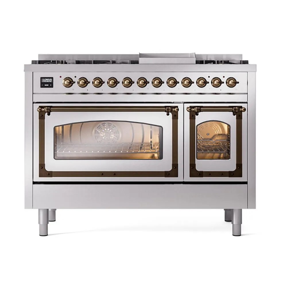 Ilve UN48FNMPSSB Ilve Un48Fnmpssb Nostalgie Ii Noblesse 48" Dual Fuel Range (8 Sealed Burners   Griddle, Natural Gas, Triple Glass Door, Stainless Steel, Burnished)