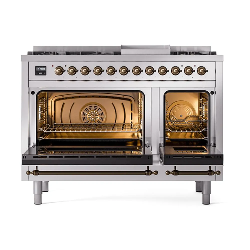 Ilve UN48FNMPSSB Ilve Un48Fnmpssb Nostalgie Ii Noblesse 48" Dual Fuel Range (8 Sealed Burners   Griddle, Natural Gas, Triple Glass Door, Stainless Steel, Burnished)