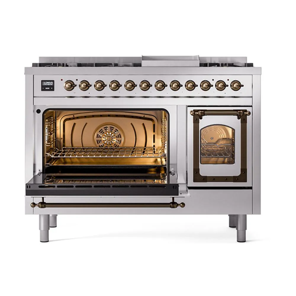 Ilve UN48FNMPSSB Ilve Un48Fnmpssb Nostalgie Ii Noblesse 48" Dual Fuel Range (8 Sealed Burners   Griddle, Natural Gas, Triple Glass Door, Stainless Steel, Burnished)