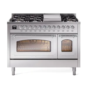 Ilve UN48FNMPSSC Ilve Un48Fnmpssc Nostalgie Ii Noblesse 48" Dual Fuel Range (8 Sealed Burners   Griddle, Natural Gas, Triple Glass Door, Stainless Steel, Chrome)