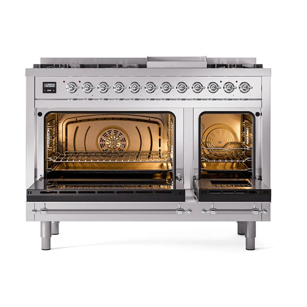 Ilve UN48FNMPSSCLP Ilve Un48Fnmpssclp Nostalgie Ii Noblesse 48" Dual Fuel Range (8 Sealed Burners   Griddle, Liquid Propane, Triple Glass Door, Stainless Steel, Chrome)