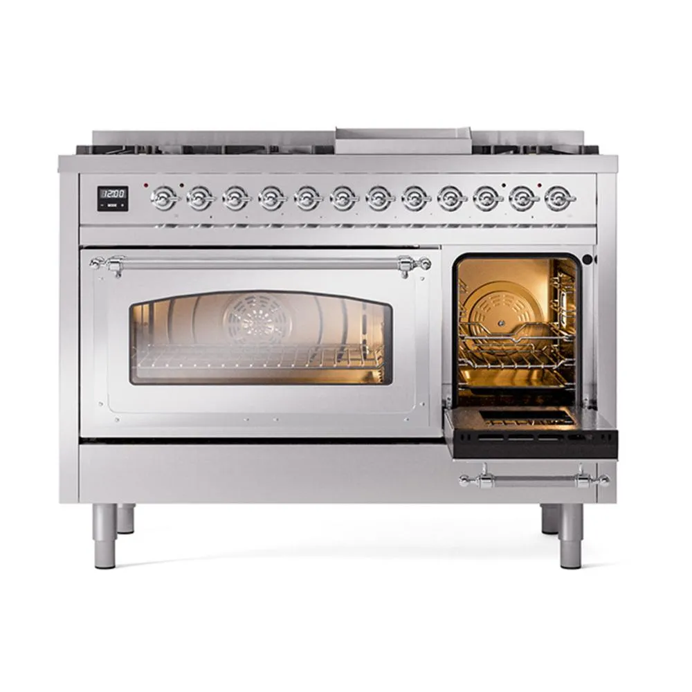 Ilve UN48FNMPSSCLP Ilve Un48Fnmpssclp Nostalgie Ii Noblesse 48" Dual Fuel Range (8 Sealed Burners   Griddle, Liquid Propane, Triple Glass Door, Stainless Steel, Chrome)