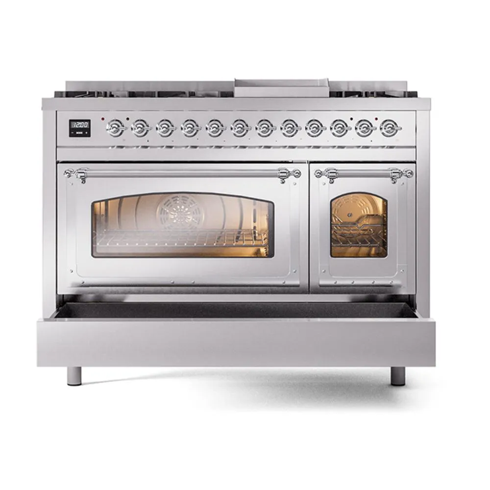 Ilve UN48FNMPSSCLP Ilve Un48Fnmpssclp Nostalgie Ii Noblesse 48" Dual Fuel Range (8 Sealed Burners   Griddle, Liquid Propane, Triple Glass Door, Stainless Steel, Chrome)