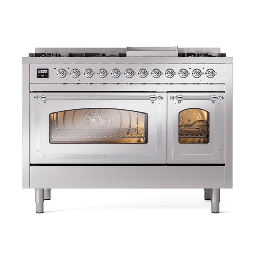 Ilve UN48FNMPSSCLP Ilve Un48Fnmpssclp Nostalgie Ii Noblesse 48" Dual Fuel Range (8 Sealed Burners   Griddle, Liquid Propane, Triple Glass Door, Stainless Steel, Chrome)