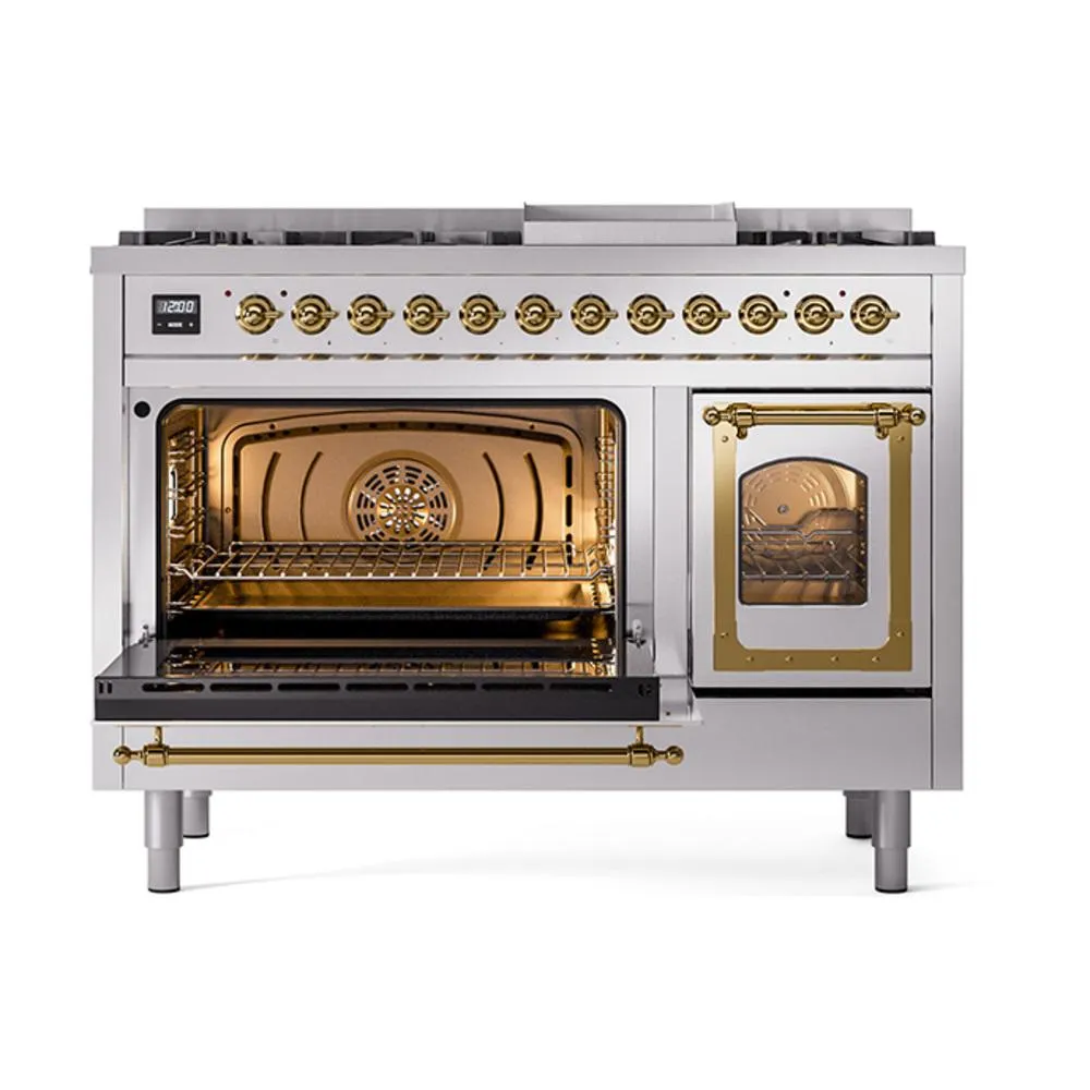 Ilve UN48FNMPSSGLP Ilve Un48Fnmpssglp Nostalgie Ii Noblesse 48" Dual Fuel Range (8 Sealed Burners   Griddle, Liquid Propane, Triple Glass Door, Stainless Steel, Brass)