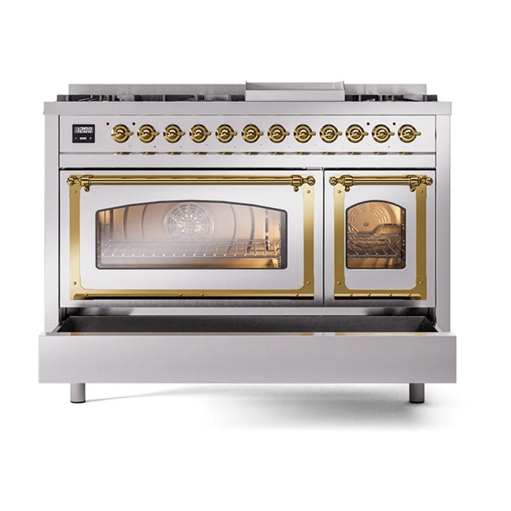 Ilve UN48FNMPSSGLP Ilve Un48Fnmpssglp Nostalgie Ii Noblesse 48" Dual Fuel Range (8 Sealed Burners   Griddle, Liquid Propane, Triple Glass Door, Stainless Steel, Brass)