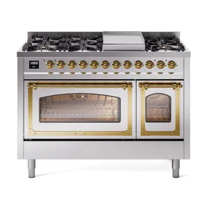 Ilve UN48FNMPSSGLP Ilve Un48Fnmpssglp Nostalgie Ii Noblesse 48" Dual Fuel Range (8 Sealed Burners   Griddle, Liquid Propane, Triple Glass Door, Stainless Steel, Brass)
