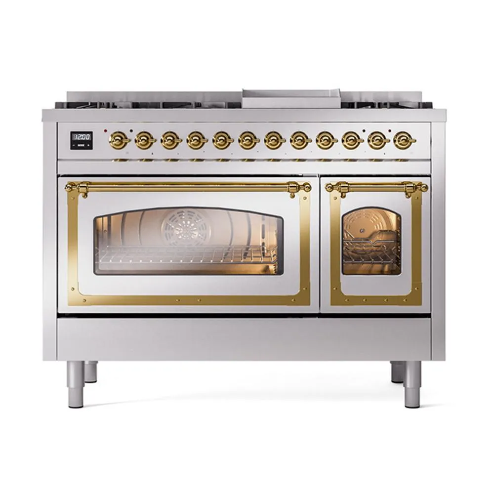 Ilve UN48FNMPSSGLP Ilve Un48Fnmpssglp Nostalgie Ii Noblesse 48" Dual Fuel Range (8 Sealed Burners   Griddle, Liquid Propane, Triple Glass Door, Stainless Steel, Brass)