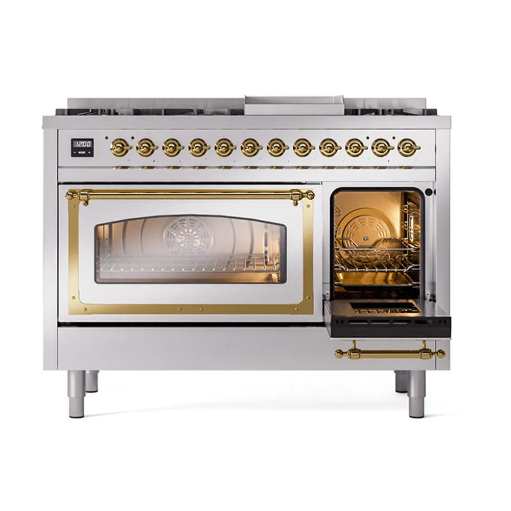Ilve UN48FNMPSSGLP Ilve Un48Fnmpssglp Nostalgie Ii Noblesse 48" Dual Fuel Range (8 Sealed Burners   Griddle, Liquid Propane, Triple Glass Door, Stainless Steel, Brass)