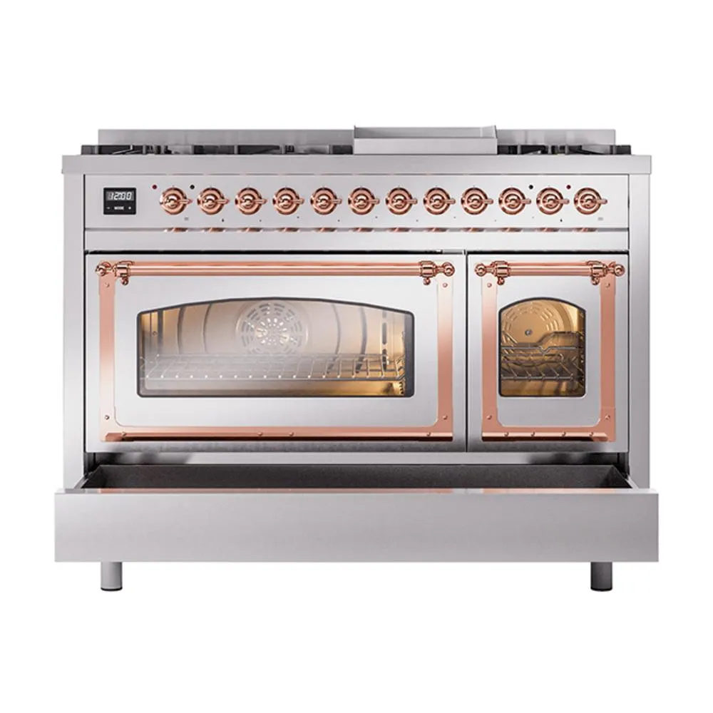 Ilve UN48FNMPSSP Ilve Un48Fnmpssp Nostalgie Ii Noblesse 48" Dual Fuel Range (8 Sealed Burners   Griddle, Natural Gas, Triple Glass Door, Stainless Steel, Copper)