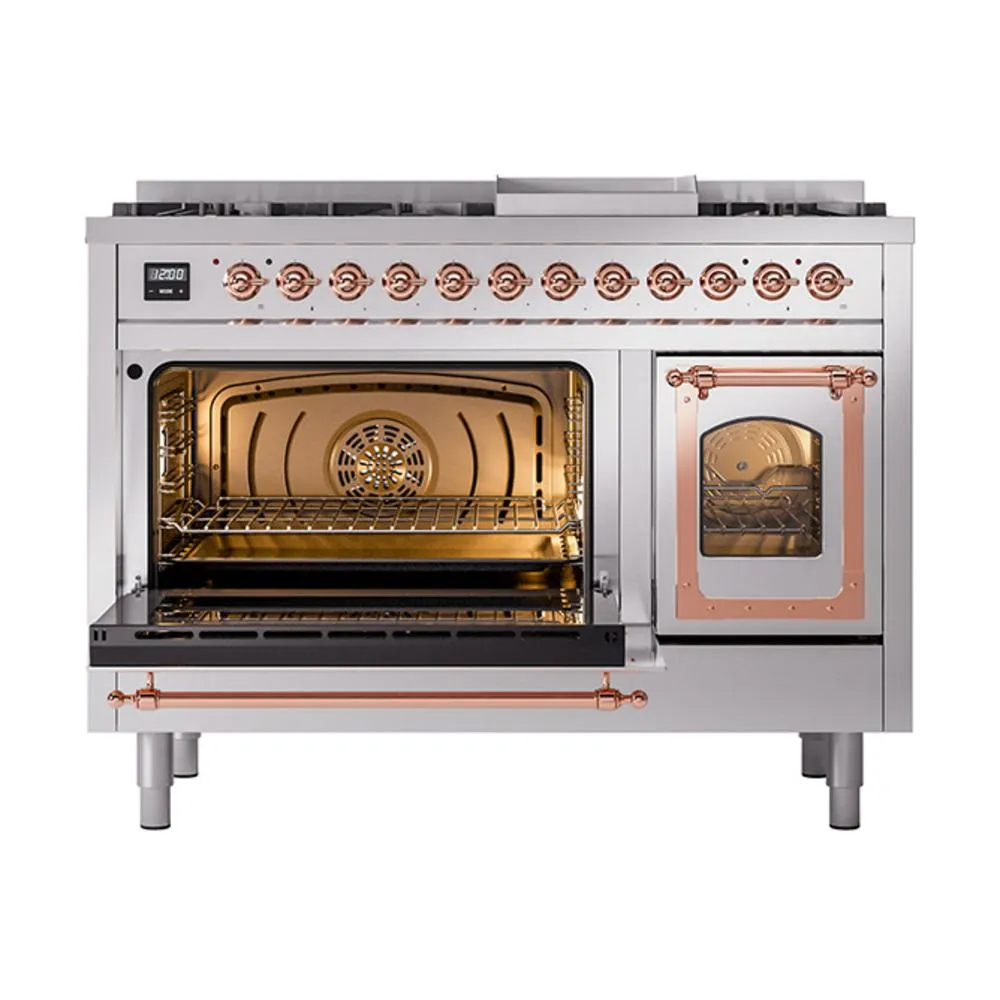 Ilve UN48FNMPSSPLP Ilve Un48Fnmpssplp Nostalgie Ii Noblesse 48" Dual Fuel Range (8 Sealed Burners   Griddle, Liquid Propane, Triple Glass Door, Stainless Steel, Copper)