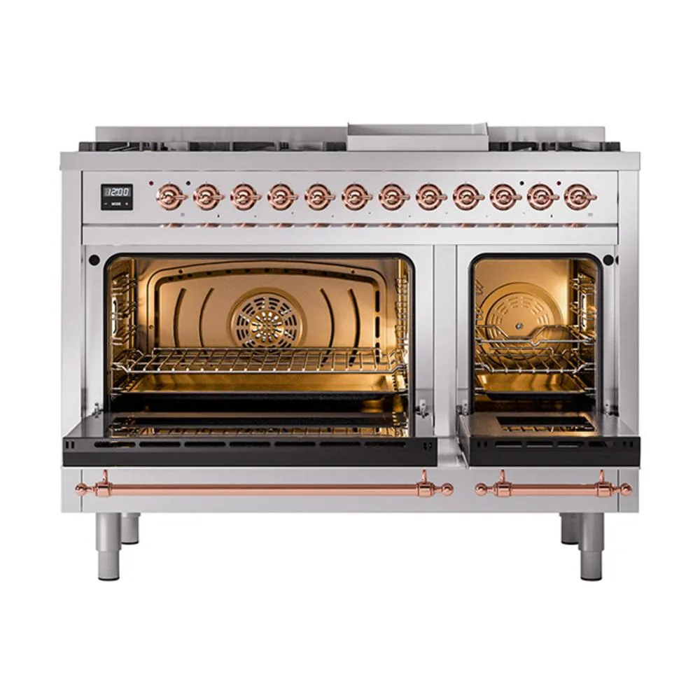 Ilve UN48FNMPSSPLP Ilve Un48Fnmpssplp Nostalgie Ii Noblesse 48" Dual Fuel Range (8 Sealed Burners   Griddle, Liquid Propane, Triple Glass Door, Stainless Steel, Copper)