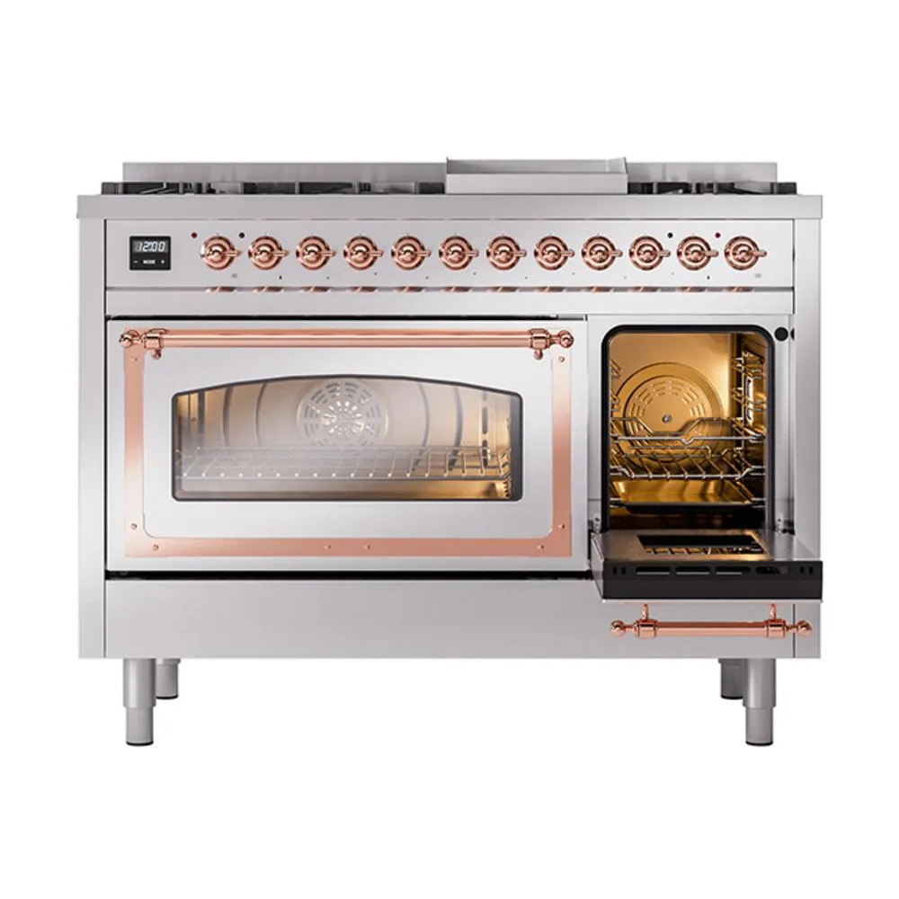 Ilve UN48FNMPSSPLP Ilve Un48Fnmpssplp Nostalgie Ii Noblesse 48" Dual Fuel Range (8 Sealed Burners   Griddle, Liquid Propane, Triple Glass Door, Stainless Steel, Copper)