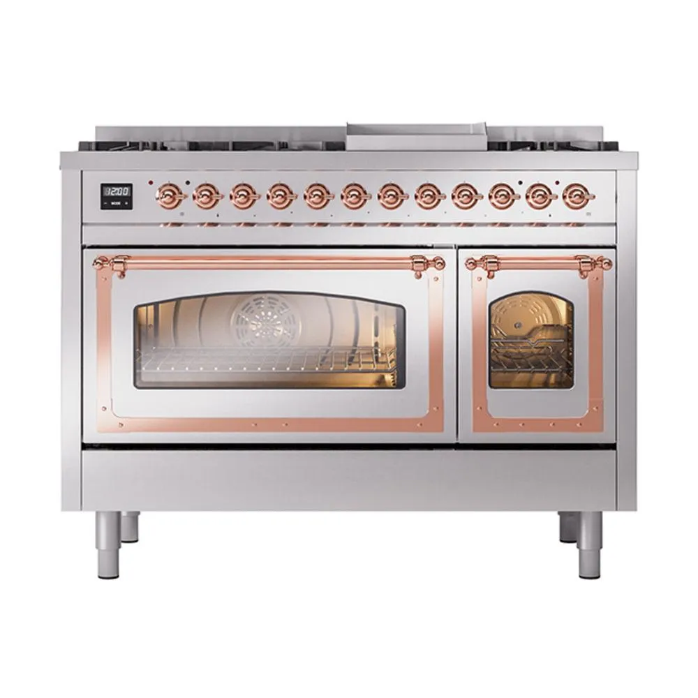 Ilve UN48FNMPSSPLP Ilve Un48Fnmpssplp Nostalgie Ii Noblesse 48" Dual Fuel Range (8 Sealed Burners   Griddle, Liquid Propane, Triple Glass Door, Stainless Steel, Copper)