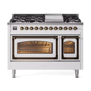 Ilve UN48FNMPWHB Ilve Un48Fnmpwhb Nostalgie Ii Noblesse 48" Dual Fuel Range (8 Sealed Burners   Griddle, Natural Gas, Triple Glass Door, White, Burnished)