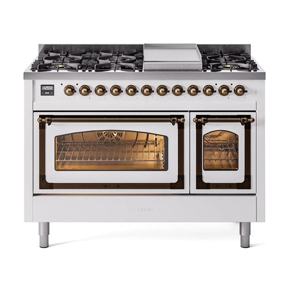 Ilve UN48FNMPWHB Ilve Un48Fnmpwhb Nostalgie Ii Noblesse 48" Dual Fuel Range (8 Sealed Burners   Griddle, Natural Gas, Triple Glass Door, White, Burnished)