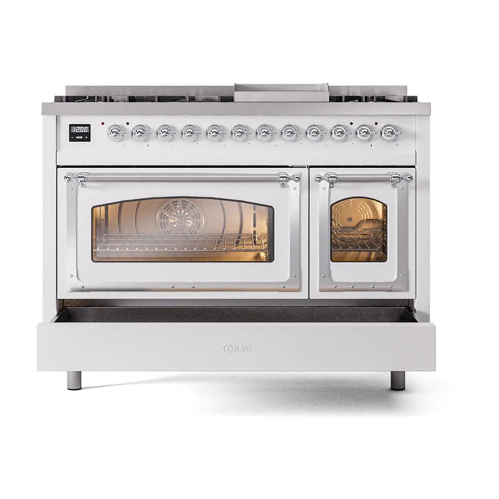 Ilve UN48FNMPWHCLP Ilve Un48Fnmpwhclp Nostalgie Ii Noblesse 48" Dual Fuel Range (8 Sealed Burners   Griddle, Liquid Propane, Triple Glass Door, White, Chrome)