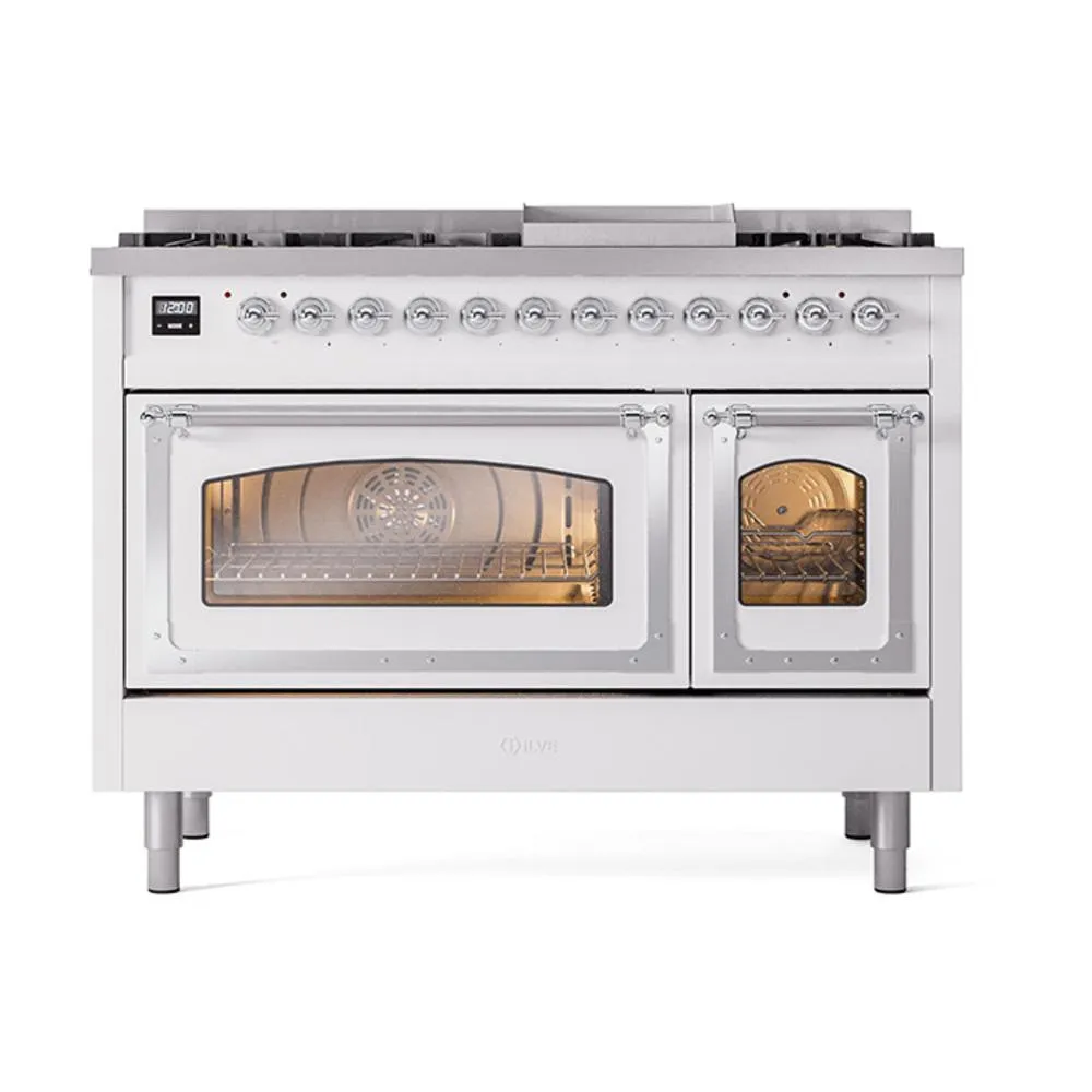 Ilve UN48FNMPWHCLP Ilve Un48Fnmpwhclp Nostalgie Ii Noblesse 48" Dual Fuel Range (8 Sealed Burners   Griddle, Liquid Propane, Triple Glass Door, White, Chrome)
