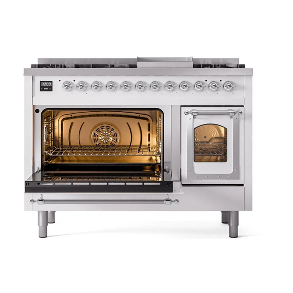 Ilve UN48FNMPWHCLP Ilve Un48Fnmpwhclp Nostalgie Ii Noblesse 48" Dual Fuel Range (8 Sealed Burners   Griddle, Liquid Propane, Triple Glass Door, White, Chrome)