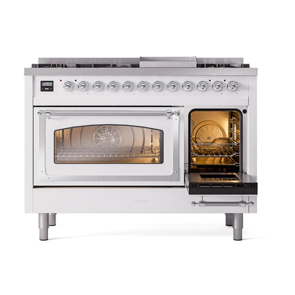 Ilve UN48FNMPWHCLP Ilve Un48Fnmpwhclp Nostalgie Ii Noblesse 48" Dual Fuel Range (8 Sealed Burners   Griddle, Liquid Propane, Triple Glass Door, White, Chrome)