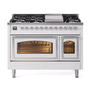 Ilve UN48FNMPWHCLP Ilve Un48Fnmpwhclp Nostalgie Ii Noblesse 48" Dual Fuel Range (8 Sealed Burners   Griddle, Liquid Propane, Triple Glass Door, White, Chrome)