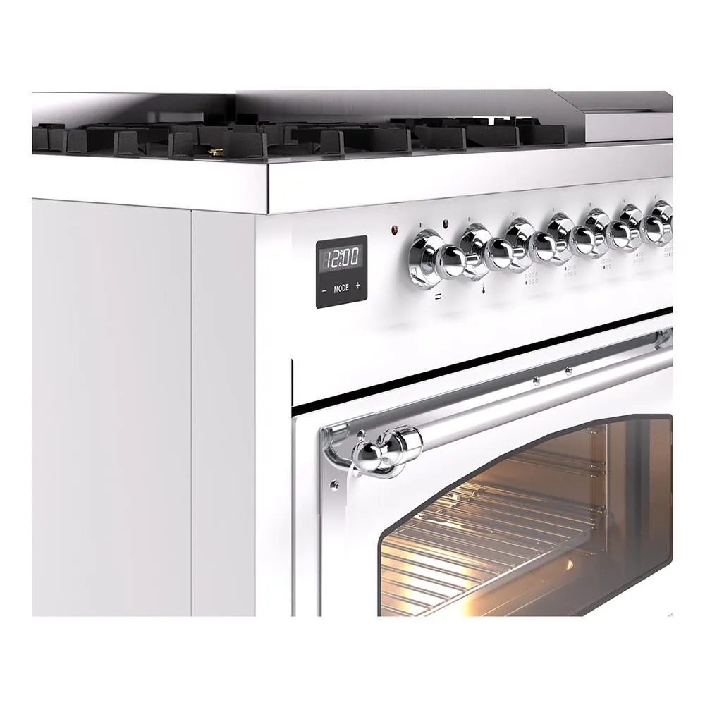 Ilve UN48FNMPWHCLP Ilve Un48Fnmpwhclp Nostalgie Ii Noblesse 48" Dual Fuel Range (8 Sealed Burners   Griddle, Liquid Propane, Triple Glass Door, White, Chrome)