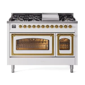 Ilve UN48FNMPWHG Ilve Un48Fnmpwhg Nostalgie Ii Noblesse 48" Dual Fuel Range (8 Sealed Burners   Griddle, Natural Gas, Triple Glass Door, White, Brass)