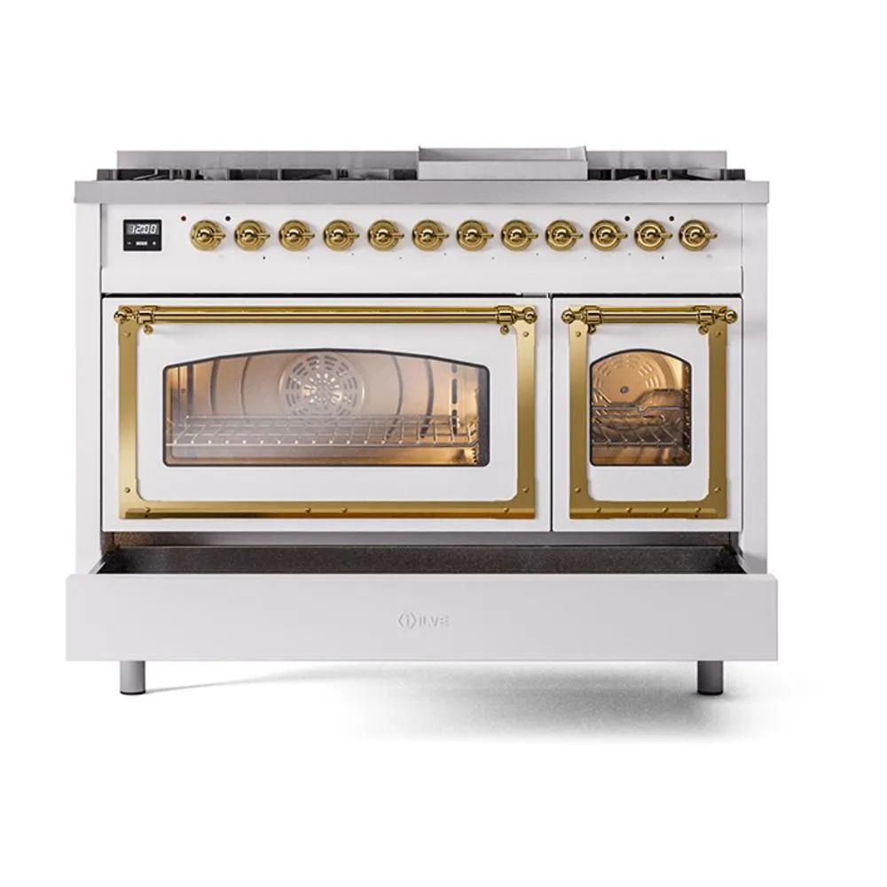 Ilve UN48FNMPWHG Ilve Un48Fnmpwhg Nostalgie Ii Noblesse 48" Dual Fuel Range (8 Sealed Burners   Griddle, Natural Gas, Triple Glass Door, White, Brass)