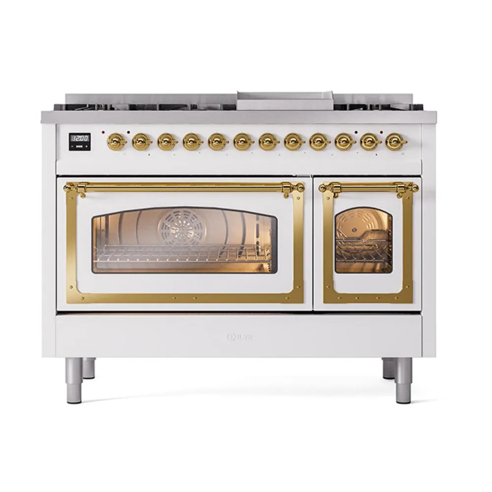 Ilve UN48FNMPWHG Ilve Un48Fnmpwhg Nostalgie Ii Noblesse 48" Dual Fuel Range (8 Sealed Burners   Griddle, Natural Gas, Triple Glass Door, White, Brass)