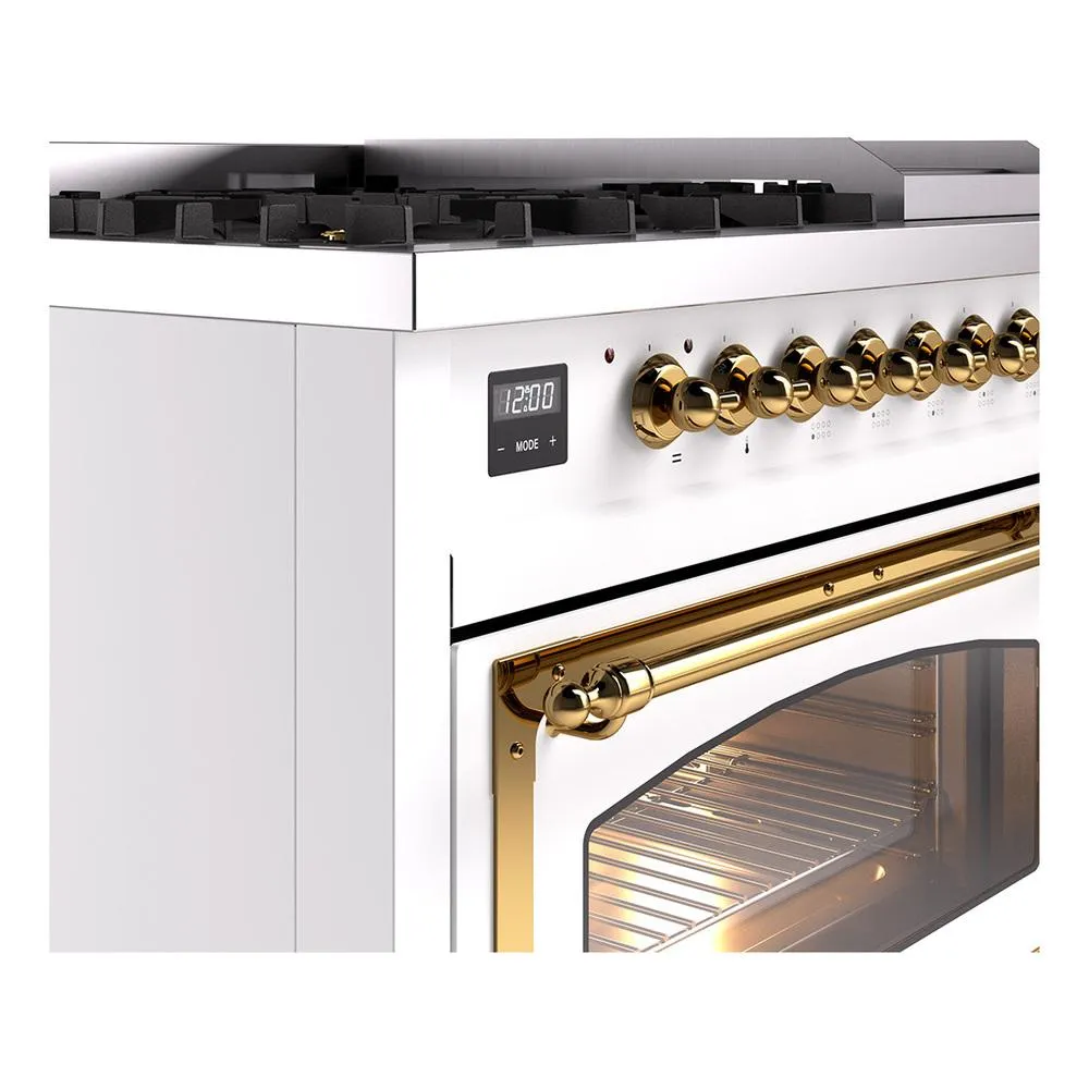 Ilve UN48FNMPWHG Ilve Un48Fnmpwhg Nostalgie Ii Noblesse 48" Dual Fuel Range (8 Sealed Burners   Griddle, Natural Gas, Triple Glass Door, White, Brass)