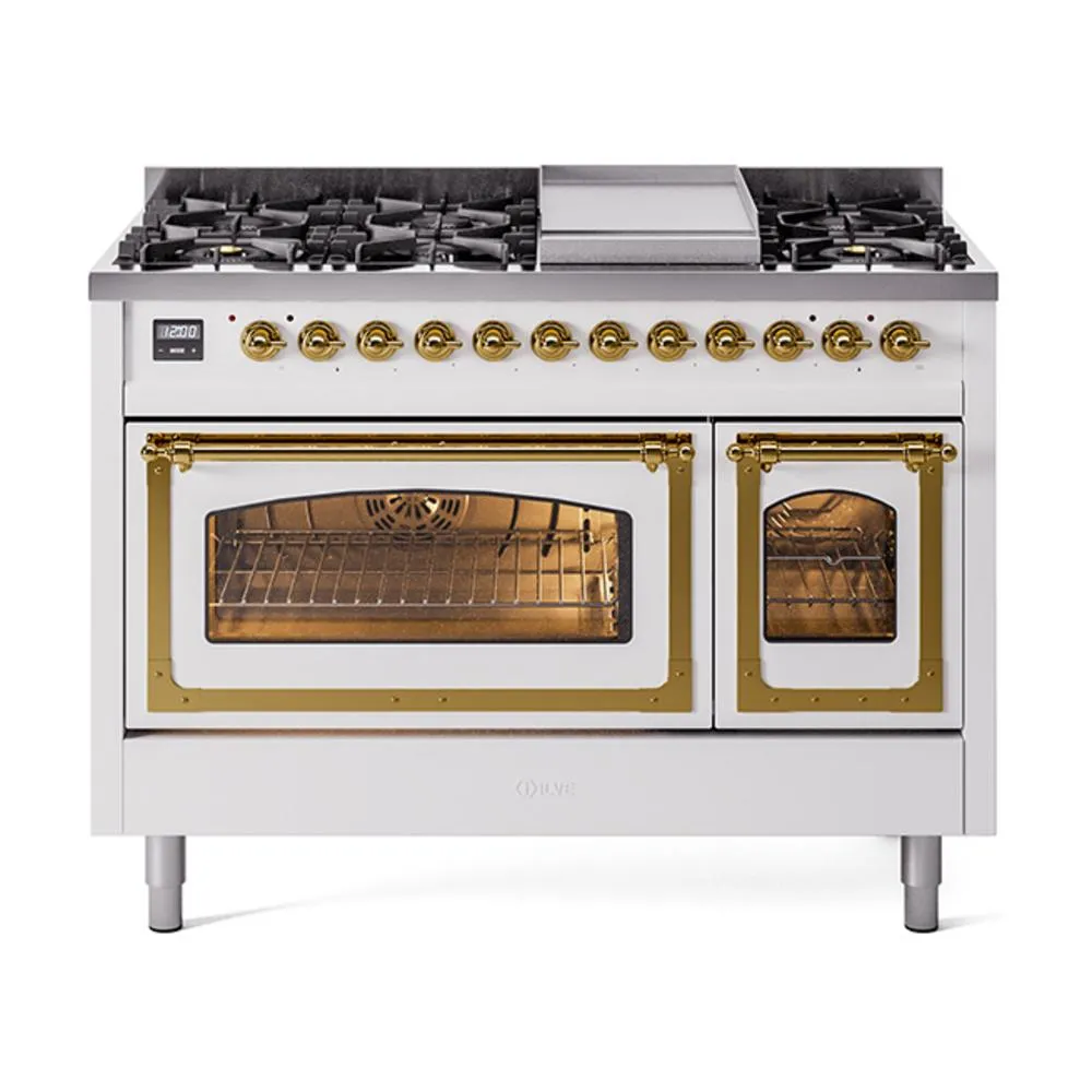 Ilve UN48FNMPWHG Ilve Un48Fnmpwhg Nostalgie Ii Noblesse 48" Dual Fuel Range (8 Sealed Burners   Griddle, Natural Gas, Triple Glass Door, White, Brass)