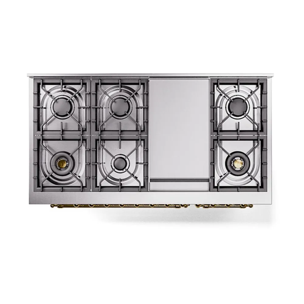 Ilve UN48FNMPWHG Ilve Un48Fnmpwhg Nostalgie Ii Noblesse 48" Dual Fuel Range (8 Sealed Burners   Griddle, Natural Gas, Triple Glass Door, White, Brass)