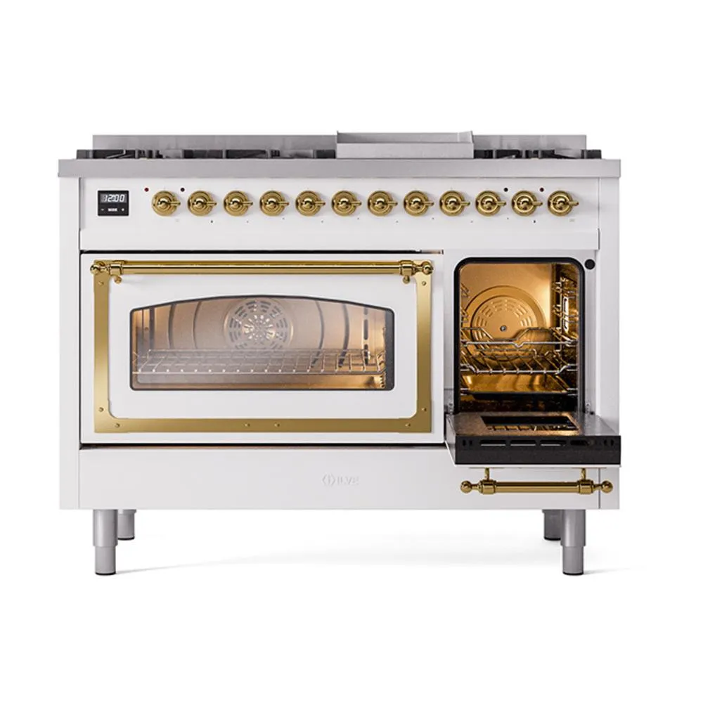 Ilve UN48FNMPWHGLP Ilve Un48Fnmpwhglp Nostalgie Ii Noblesse 48" Dual Fuel Range (8 Sealed Burners   Griddle, Liquid Propane, Triple Glass Door, White, Brass)