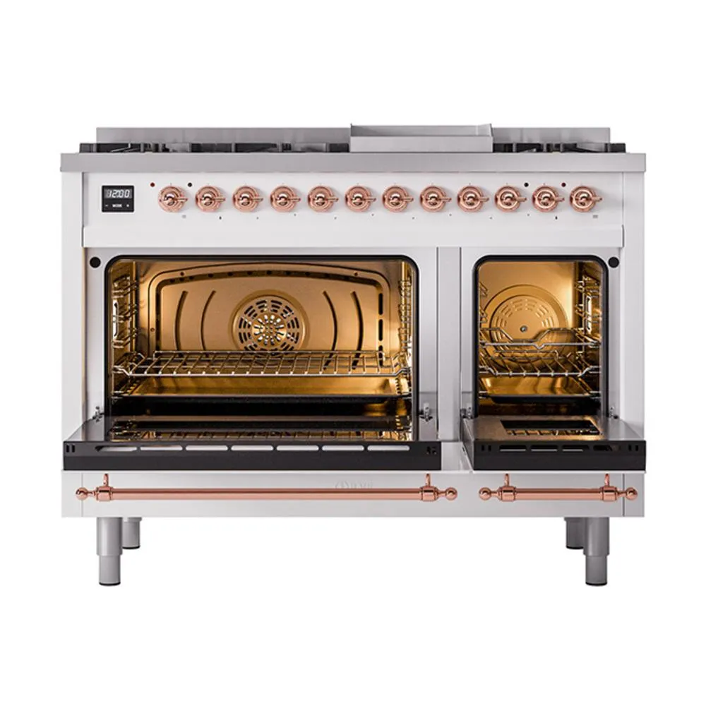 Ilve UN48FNMPWHP Ilve Un48Fnmpwhp Nostalgie Ii Noblesse 48" Dual Fuel Range (8 Sealed Burners   Griddle, Natural Gas, Triple Glass Door, White, Copper)