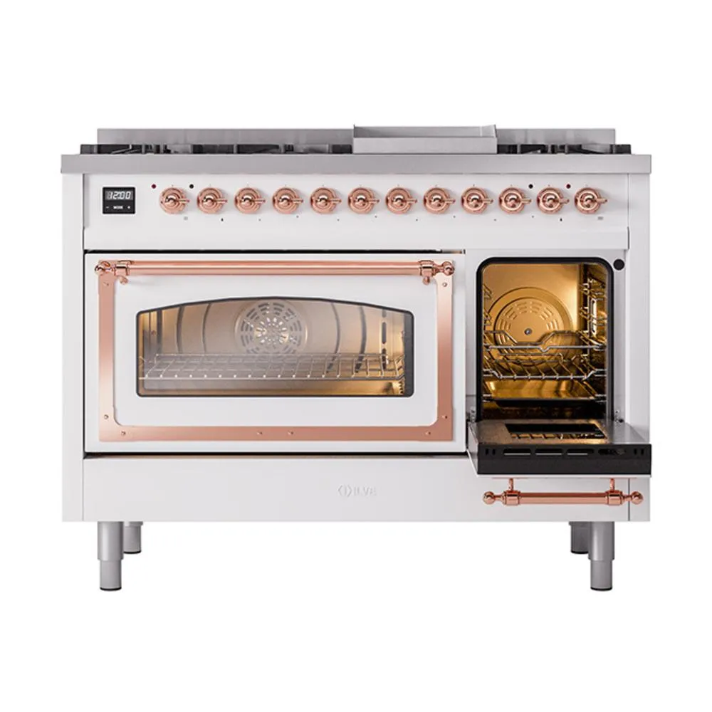 Ilve UN48FNMPWHP Ilve Un48Fnmpwhp Nostalgie Ii Noblesse 48" Dual Fuel Range (8 Sealed Burners   Griddle, Natural Gas, Triple Glass Door, White, Copper)