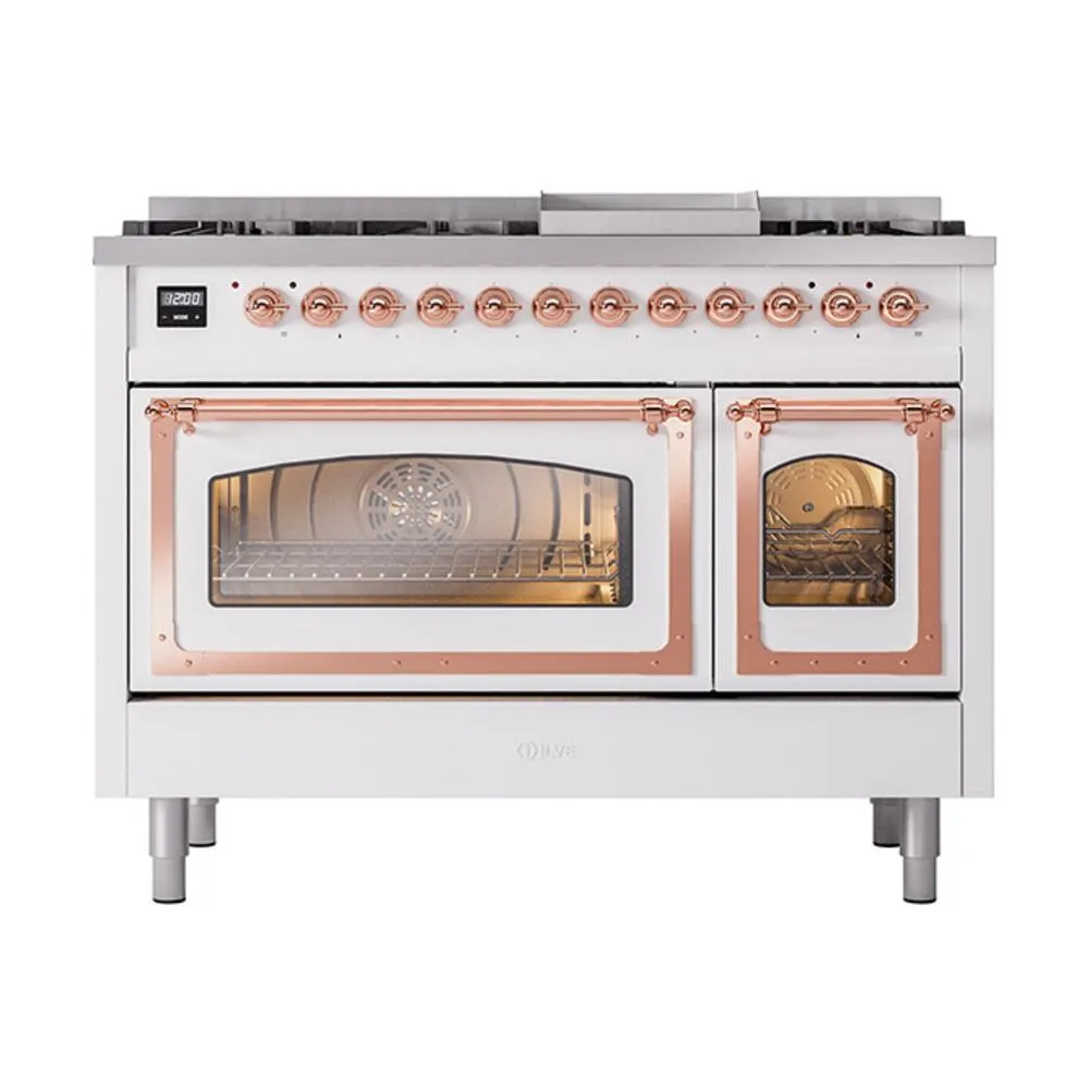 Ilve UN48FNMPWHP Ilve Un48Fnmpwhp Nostalgie Ii Noblesse 48" Dual Fuel Range (8 Sealed Burners   Griddle, Natural Gas, Triple Glass Door, White, Copper)