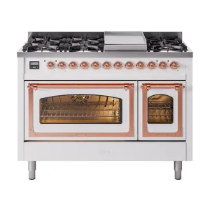 Ilve UN48FNMPWHP Ilve Un48Fnmpwhp Nostalgie Ii Noblesse 48" Dual Fuel Range (8 Sealed Burners   Griddle, Natural Gas, Triple Glass Door, White, Copper)