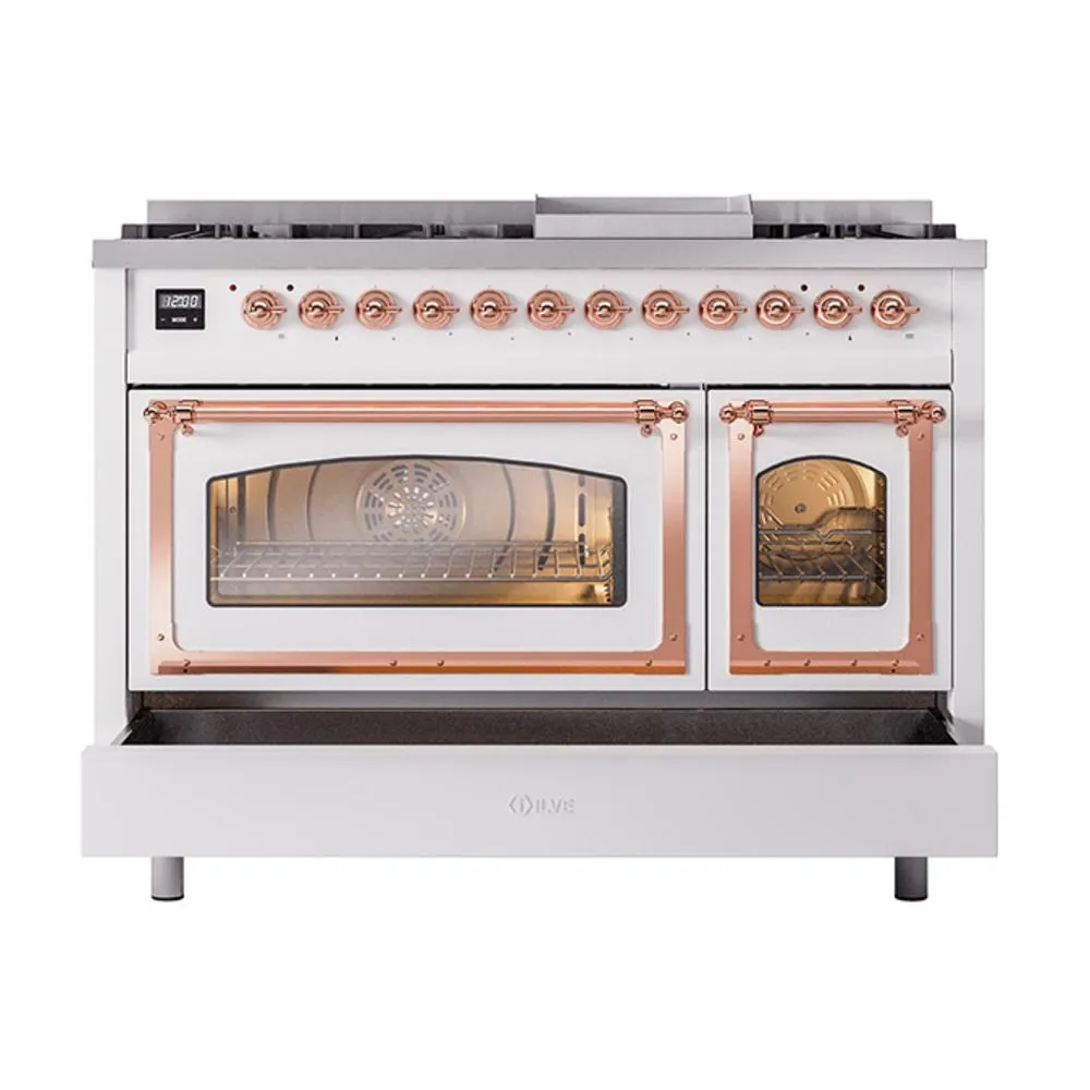 Ilve UN48FNMPWHP Ilve Un48Fnmpwhp Nostalgie Ii Noblesse 48" Dual Fuel Range (8 Sealed Burners   Griddle, Natural Gas, Triple Glass Door, White, Copper)